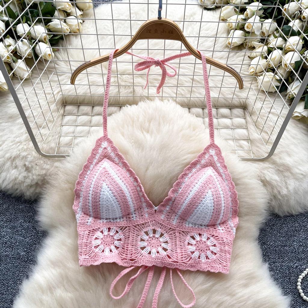 Summer Beach Vacation Knit 2pcs Suits Women Halter Sleeveless Lace Up Camis Elastic Waist Shorts Hook Flower Hollow 2pcs Set