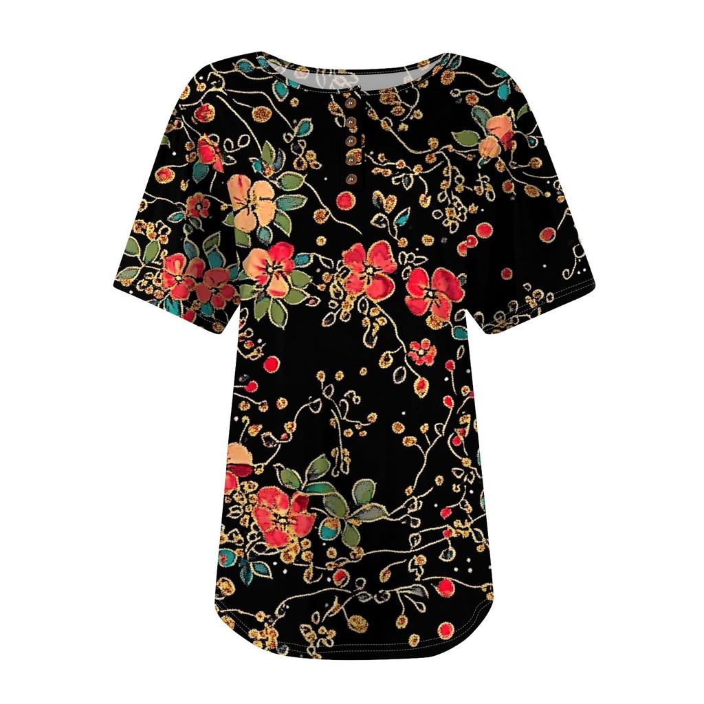 Women's Fashionable Casual Short Sleeve Button Floral Print Round Neck Pullover Top