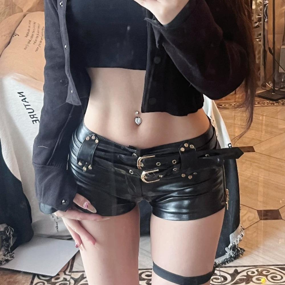 Dames Lage Taille Skinny PU Leer Korte Broek Micro Stretch Klinknagel Riem Y2K Vintage Sexy Club Hete Broekjes