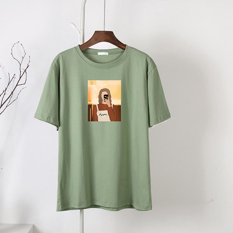 Hirsionsan Koreanska grafiska T-shirts Dam Sommar Casual Lös O-hals Kortärmade T-shirts Kvinnliga vintagetryckta 100 % bomull Toppar