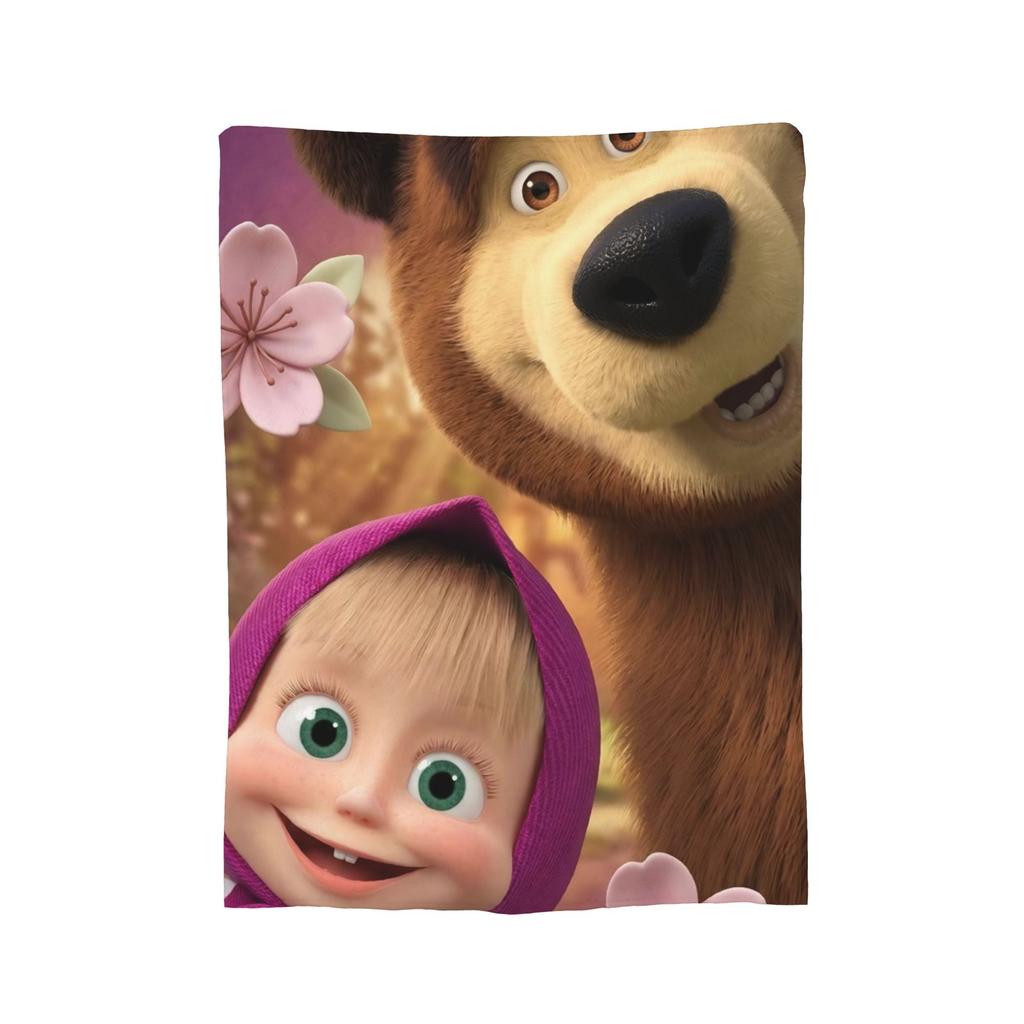 Cute Cartoon M Masha and Bear Blanket Coral Fleece Plush Summer Multi function Soft Throw Blanket for Sofa Travel Bedspread