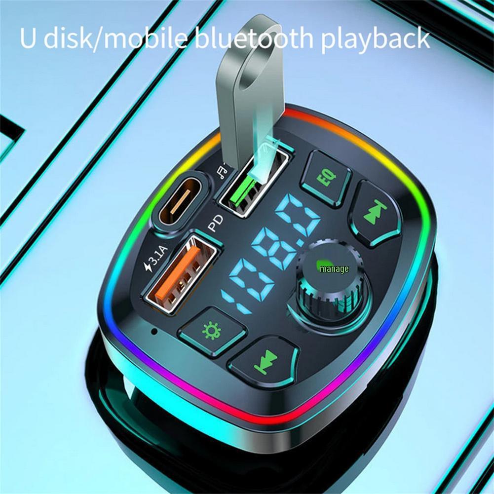 Car Bluetooth MP3 Player with Hands-Free Call, Voice Broadcast, PD Fast Charging, and USB Flash Drive.