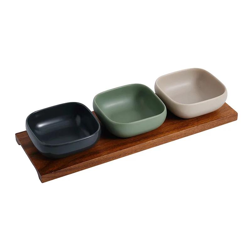 Nordic Simple Ceramic Snack Bowl 1-Piece Set Acacia Wood Tray Square Condiment Dish Set Household Kitchen Divided Sauce Dish