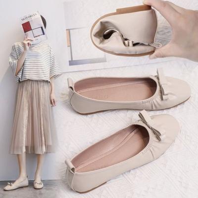 Soft Leather Soft Sole Doudou Shoes Women's Autumn New Bow with Skirt Flat Bottom Shallow Mouth One Pedal Women's Shoes