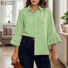 ZANZEA Women Casual Turn Down Collar Solid Color 3/4 Sleeve Loose Blouse