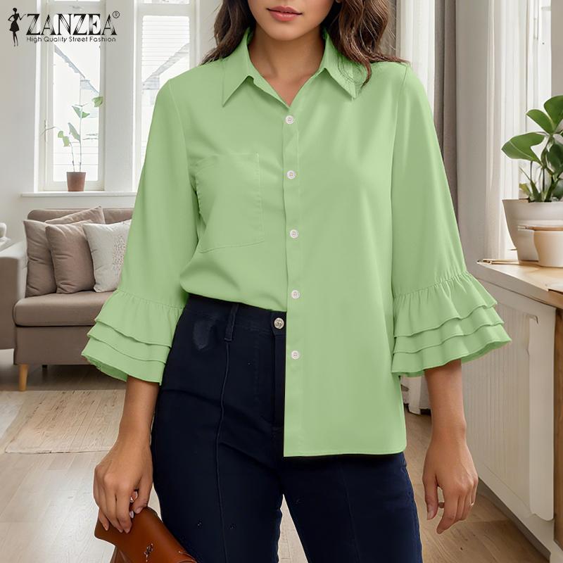 ZANZEA Women Casual Turn Down Collar Solid Color 3/4 Sleeve Loose Blouse