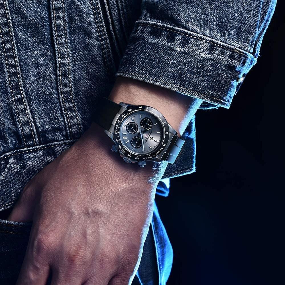 Pagani Design Men's Wristwatch PD-1664 Silver Japan-made Quartz Movement Daytona Chronograph Waterproof Ceramic Bezel Dress Watch Stainless Steel Band