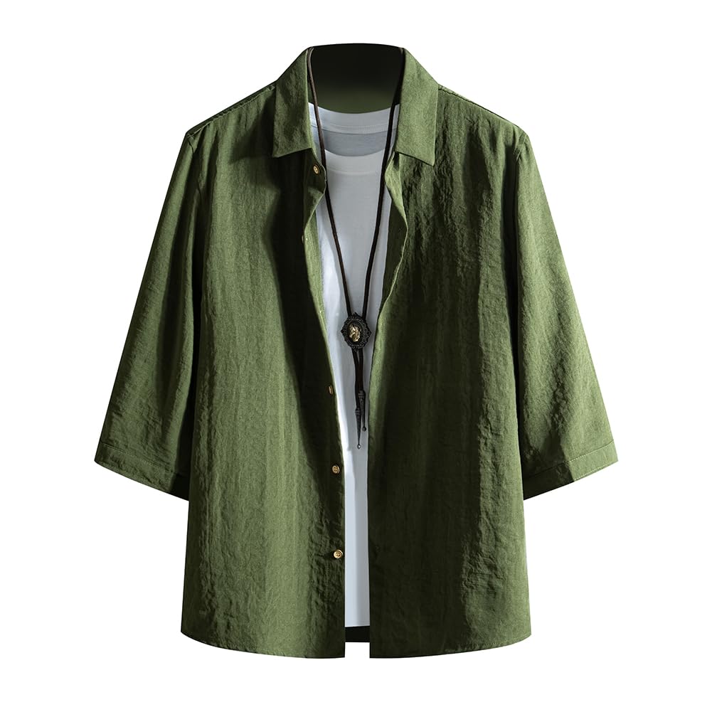 FUZHIHUA Solid Loose Plus Sizes Men's Shirt, 3/4 Sleeve, 5/8 Sleeve, Summer, Casual, Stylish, Color, Fit, Lightweight,