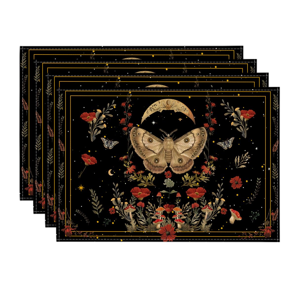 

Black Poppy Moth Moon Placemats Set of 4, 12x18 Inch Floral Spring Table Mats for Outdoor Home Party Kitchen Dining Decor 12 x 18 , Rectangular 4 Pcs