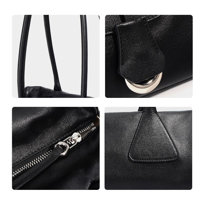 Women's Vintage Waxed Genuine Leather Underarm Bag, Long Cylinder Commuter Shoulder Bag, Baguette Pillow Handbag