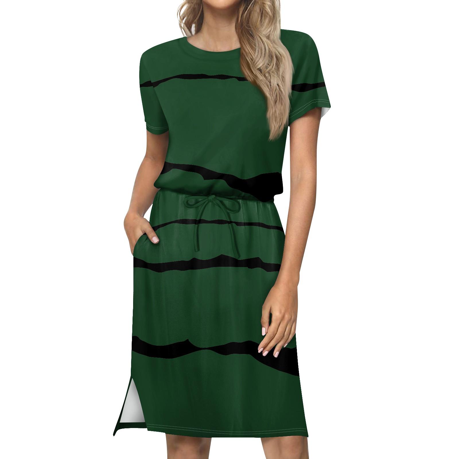 

Женское модное свободное повседневное однотонное платье с короткими рукавами и карманами с завязками L армия зеленый