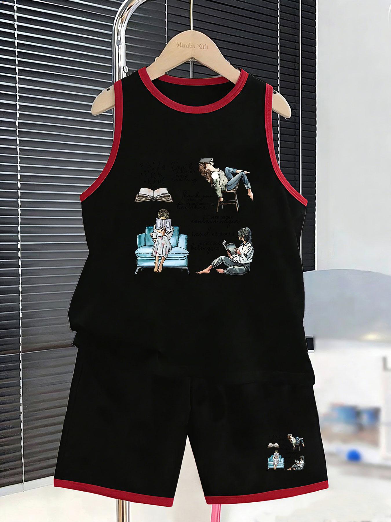 

Boys’ reading girl art set. Artistic prints, breathable fabric, loose fit for stylish summer outfits. 7Y чорний