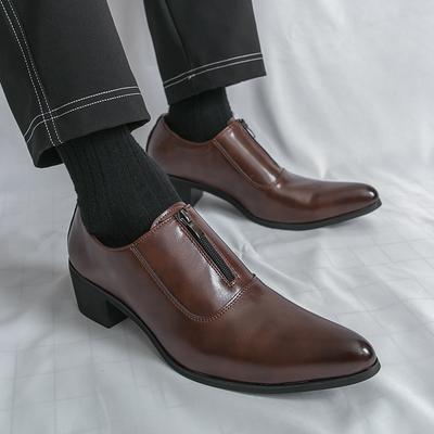 Men Loafers Leather Individuality Formal Business Zipper Shoes Pointed Toe Heel Wedding Dress Prom Shoes Over Sized