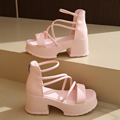 Women's Round Head Open Toe Thin Strap Back Zipper Waterproof Platform Anti-slip Wear-resistant High Heels
