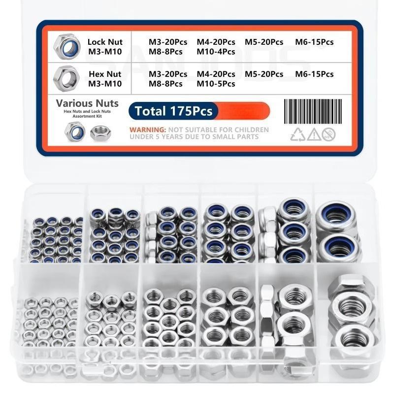 Heavy Duty Hex Lock Nuts Kit 175Pcs Rustproof Carbon Steel M3 to M10 for Home Repair DIY Projects