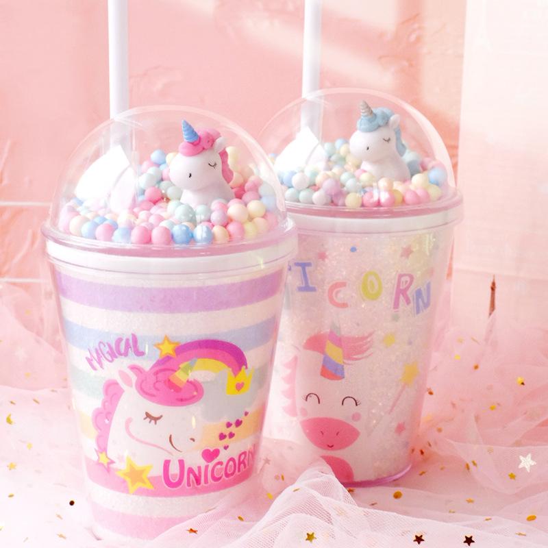 Double Layers Plastic Water Bottle With Straw Bubble Unicorn Lid Korean Style Creative Gift Mug For Milk Coffee Tea Handy Cup