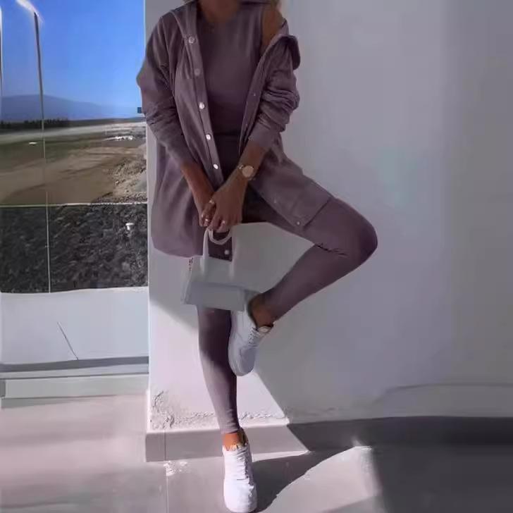 Damski Zestaw Kardigan z Kapturem z Topem Bez Rękawów i Legginsami, Strój Casual na Wiosnę i Lato