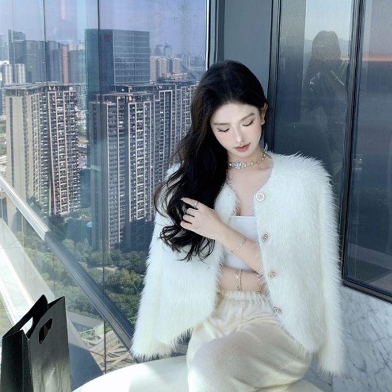White Long Hair Mink Fleece Cardigan Women Spring and Autumn Celebrity Fashion Small Fragrant Style Foreign Short Cardigan Coat