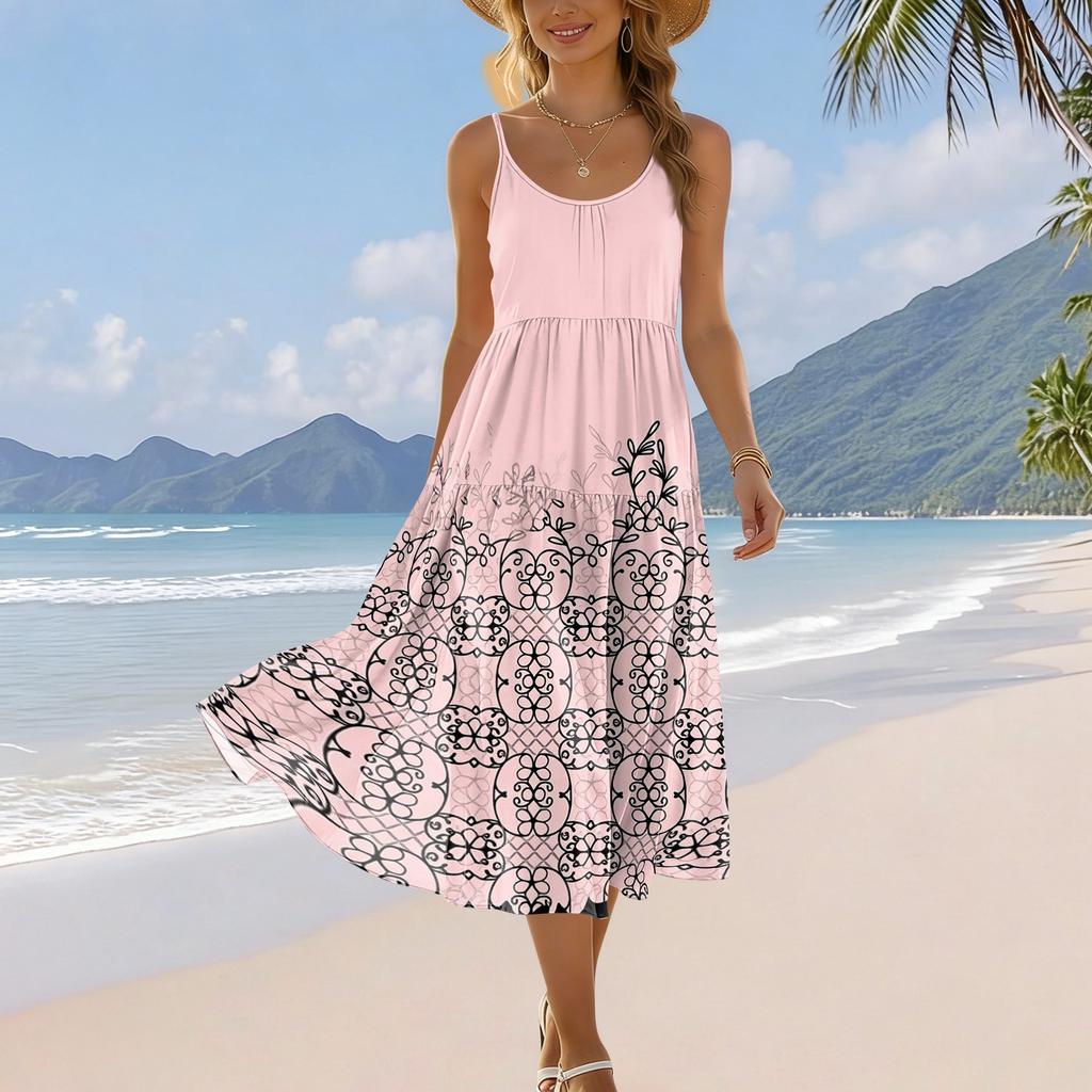 Women’s Summer Floral Print Bohemian Casual Beach Holiday Sundress with Adjustable Spaghetti Straps and Pockets