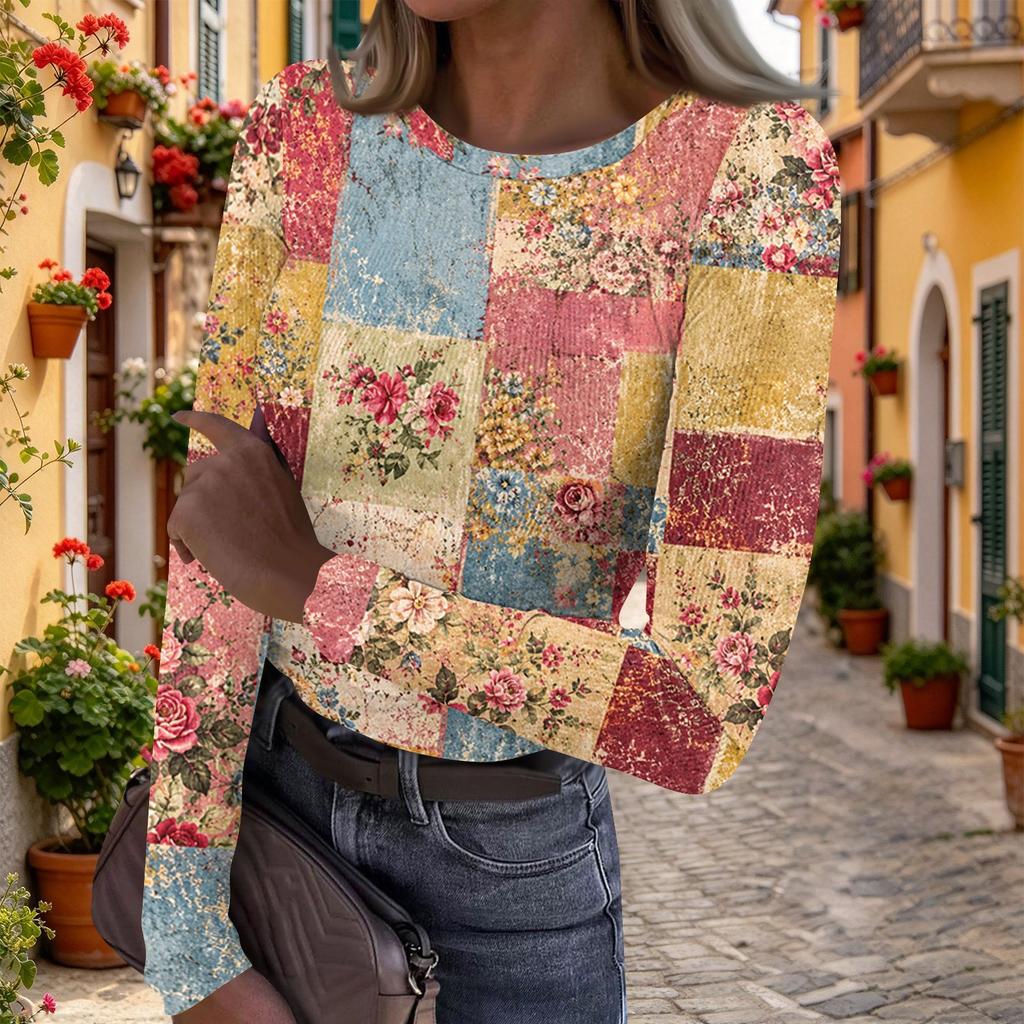 Women's Casual Vintage Floral Print Long Sleeve Top