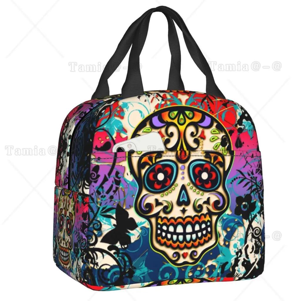Day Of The Dead Kitten Cat Sugar Skull Lunch Box Multifunction Mexican Halloween Floral Thermal Cooler Food Insulated Lunch Bag