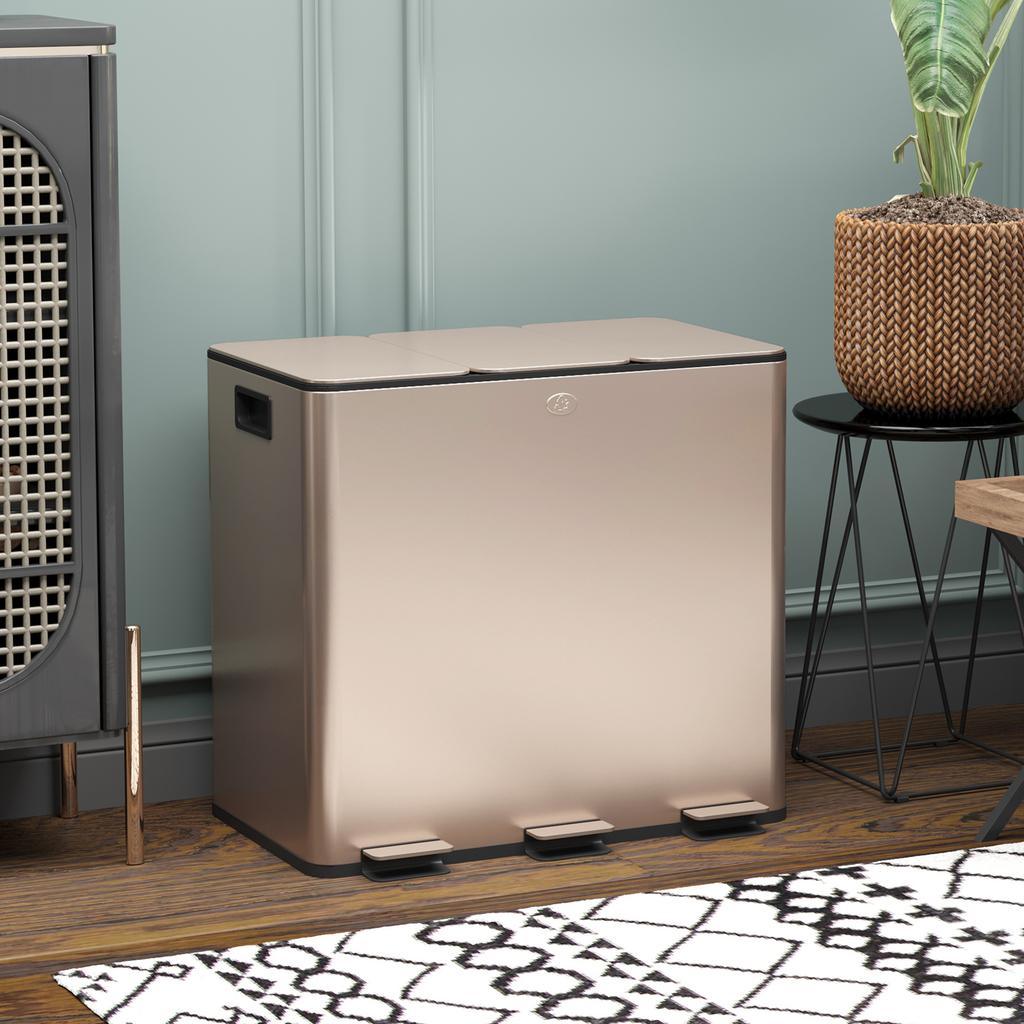 45L Triple Compartment Stainless Steel Bin With Deodoriser Holders Gold Tone
