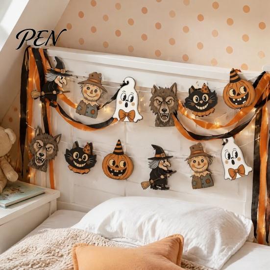 Holiday Fireplace Ornaments 12Pcs Vintage Halloween Decor Wood Banner, Retro Hanging Banner Garland, Bunting Easy Assemble Decorations, Spooky Pumpkin