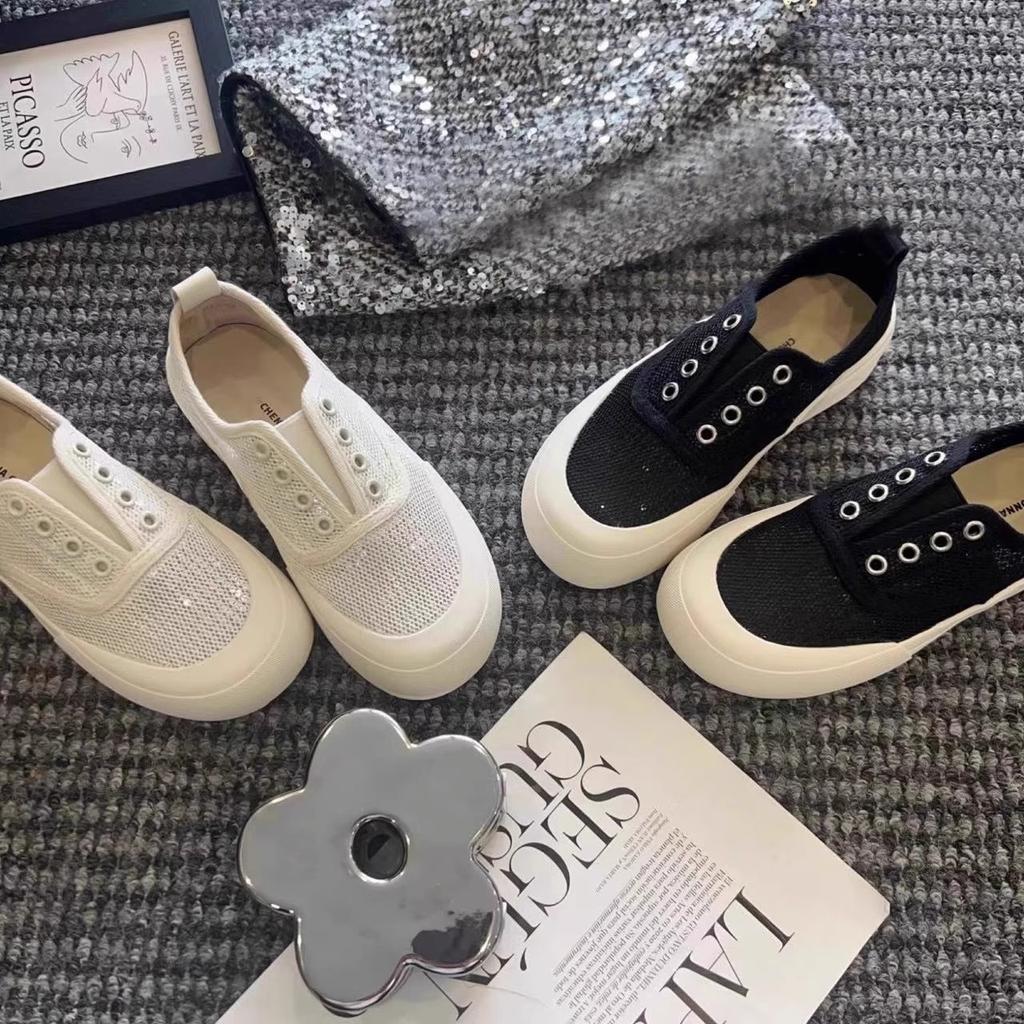 Lazy one-pedal single shoes women's 2025 summer new little white shoes spring breathable mesh sequins platform casual board shoes