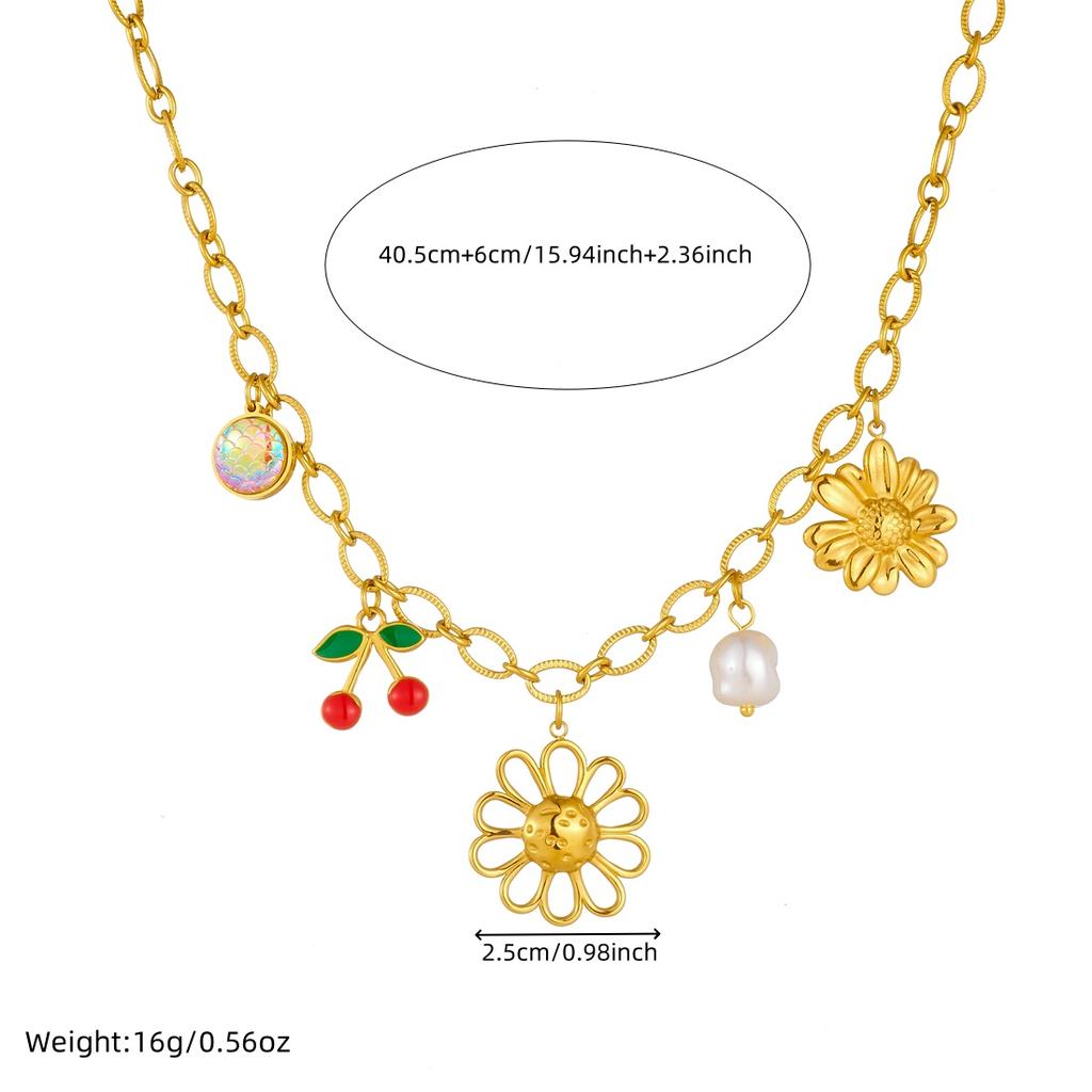 DIEYURO 316L Stainless Steel Golden Hollow Flower Cherry Pearl Pendant Necklace Women New Fashion Neck Chain Jewelry Glamorous