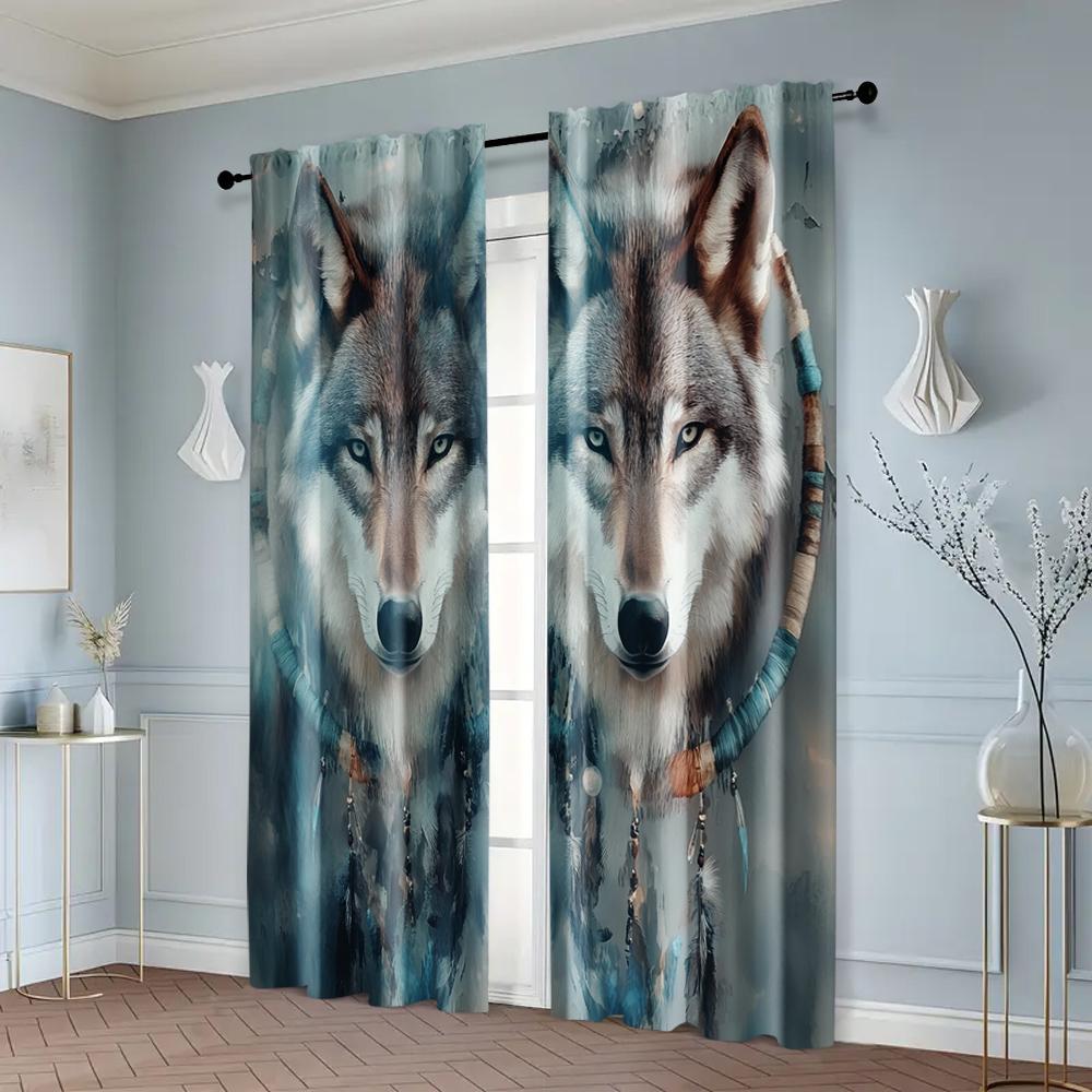 2pcs, Fashionable Curtains 2D print Wolf Dreamcatcher Prints Fabric (without rod) Versatile All Use for Bedroom, Living Room,