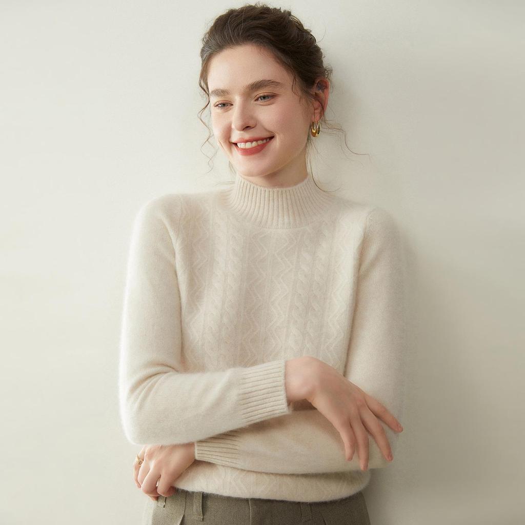 Women's Cashmere Half-High Neck Sweater, Autumn/Winter 2025, Seven-Needle Cable Knit, Loose Fit, Versatile Pullover.