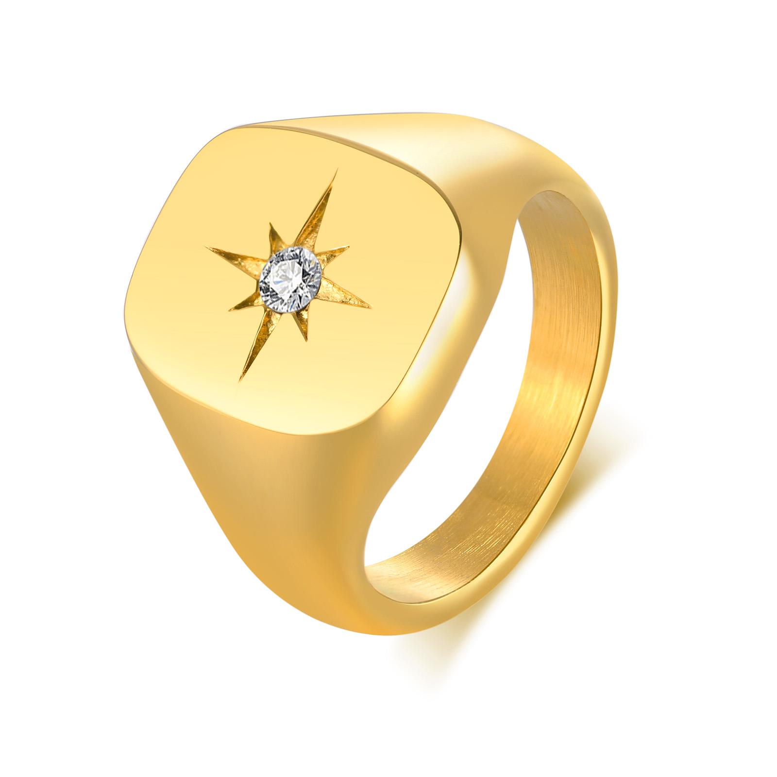 CZ North Star Signet Ring for Women, Gold Color Square Stainless Steel Polaris Ring,Dainty Jewelry US Size 09
