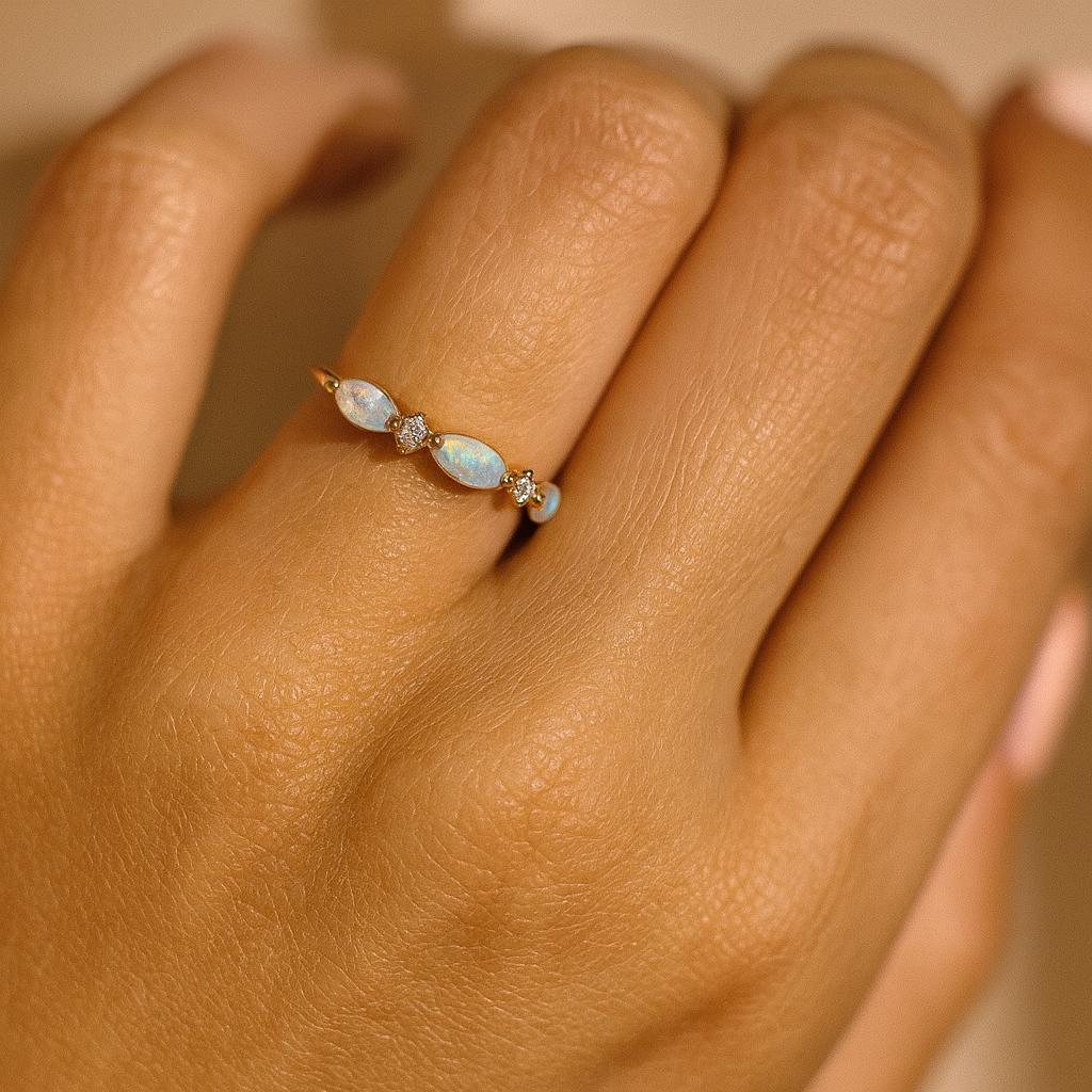 Opal Marquise Band Ring, Yellow Gold Plated 925 Sterling Silver, Dainty Stacking Bridal Jewelry, Anniversary Gift for Her