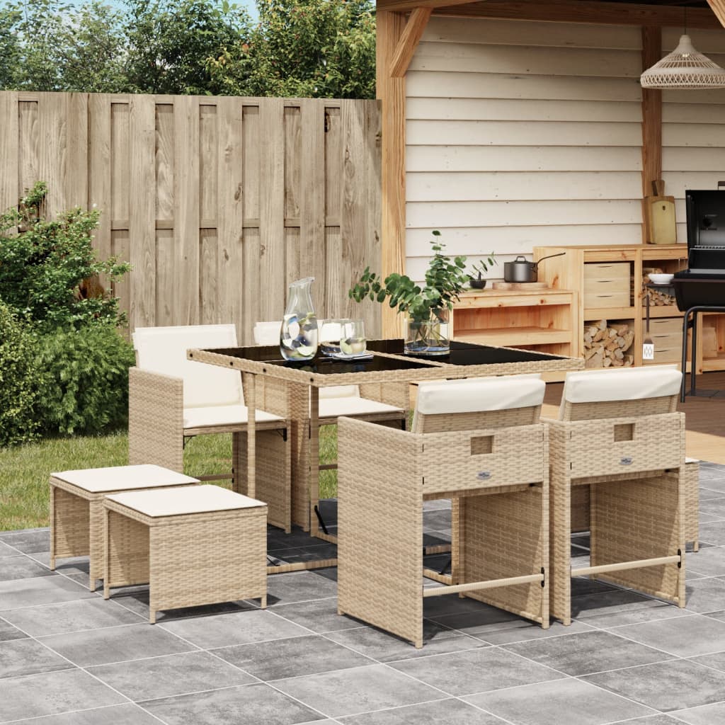 Vidaxl 9-Cz. Garden Furniture Set With Cushions, Beige, Poly Rattan