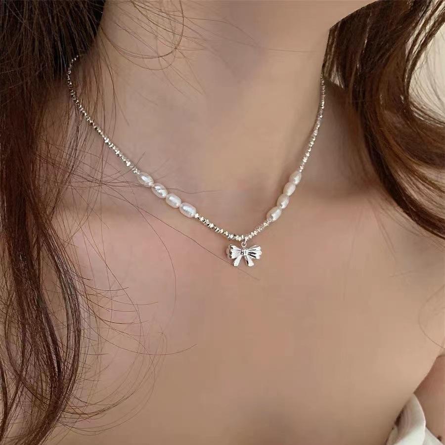 Sweetheart bow pink diamond pearl necklace women s love with jewelry collarbone chain light luxury niche design neck chain