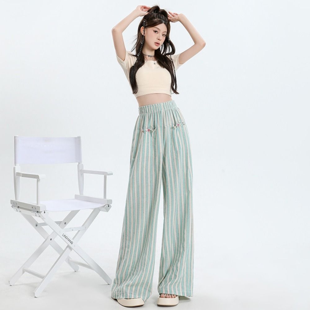 High Waist Wide Leg Pants Chic Straight Leg Pants Fashion Casual Stripe Long Pants  Girls
