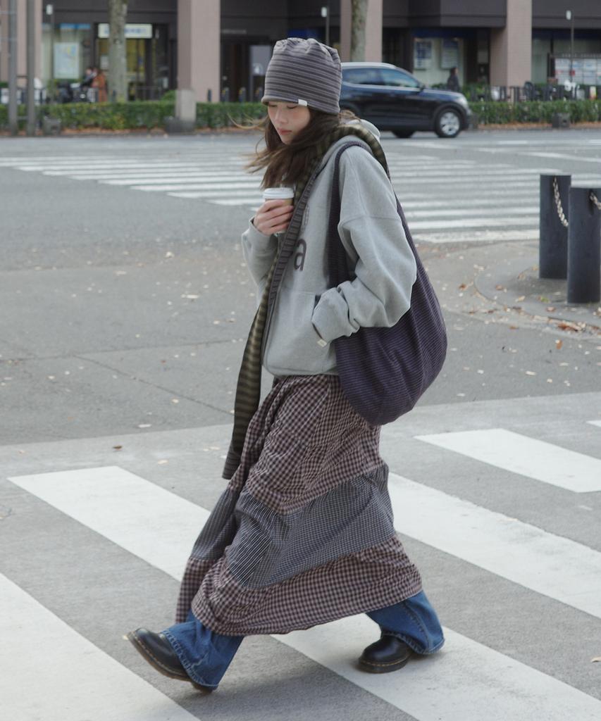 Natsu Check Long Tiered Skirt, Brown