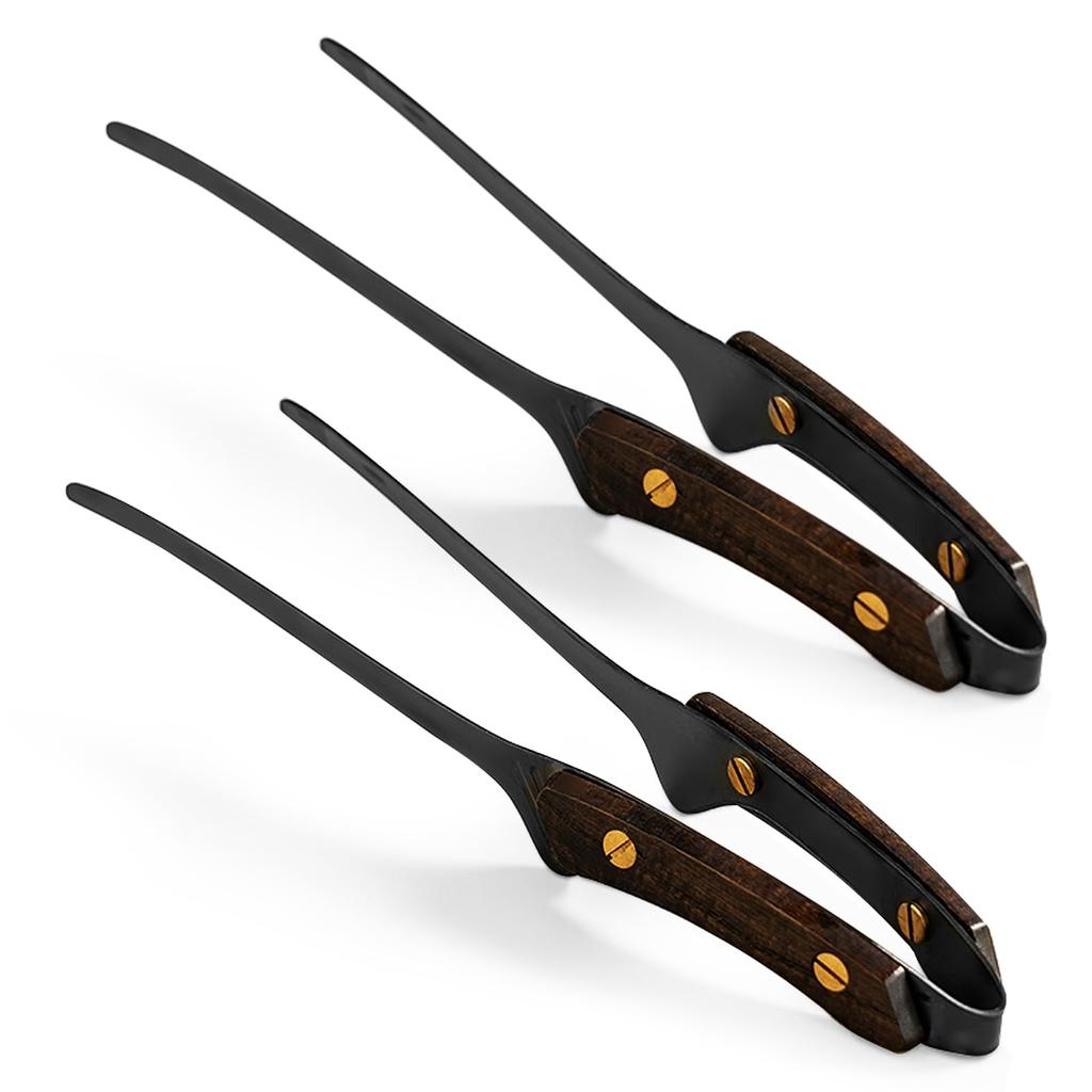 ziyue Freestanding Yakiniku Tongs, 24cm (SUS304 Stainless Steel) with Non-Slip Grooves and Wooden Handles, Set of 2 for BBQ, Camping, and Cooking, Inc