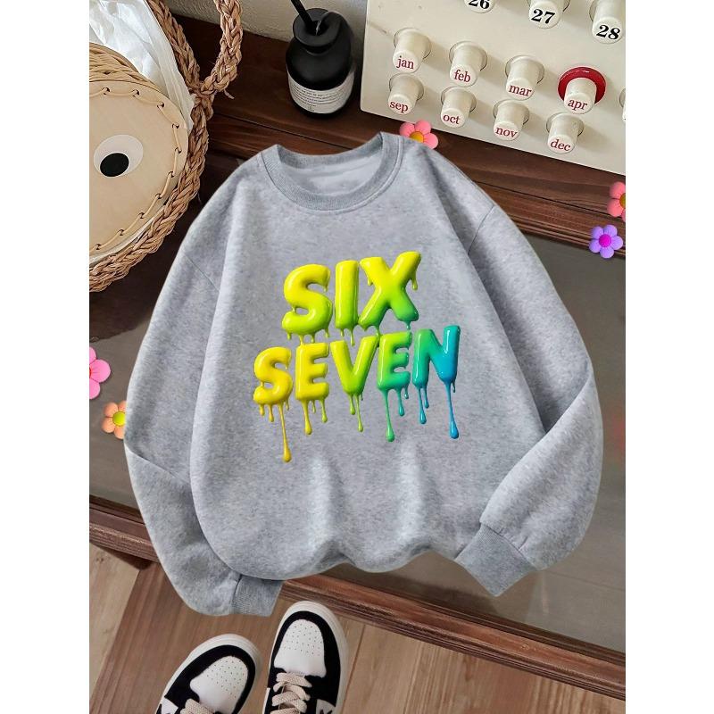 Kids Crewneck Sweatshirt, Trendy "SIX SEVEN" Text Print, Casual Tops for Fall & Winter
