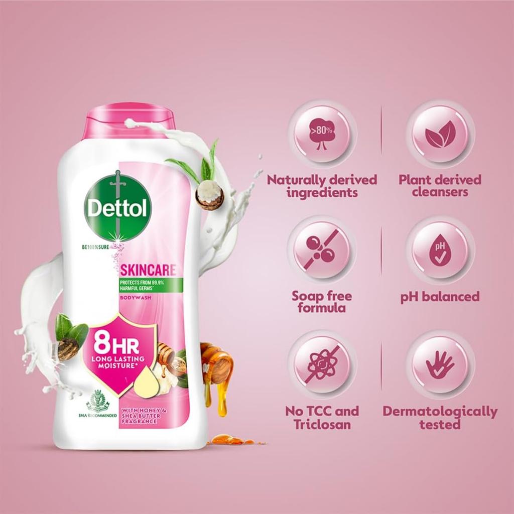 Dettol Body Wash and Shower Gel for Women and Men, Skincare (Pack of 3 - 250ml each) | Soap -Free Bodywash | 8h Moisturization