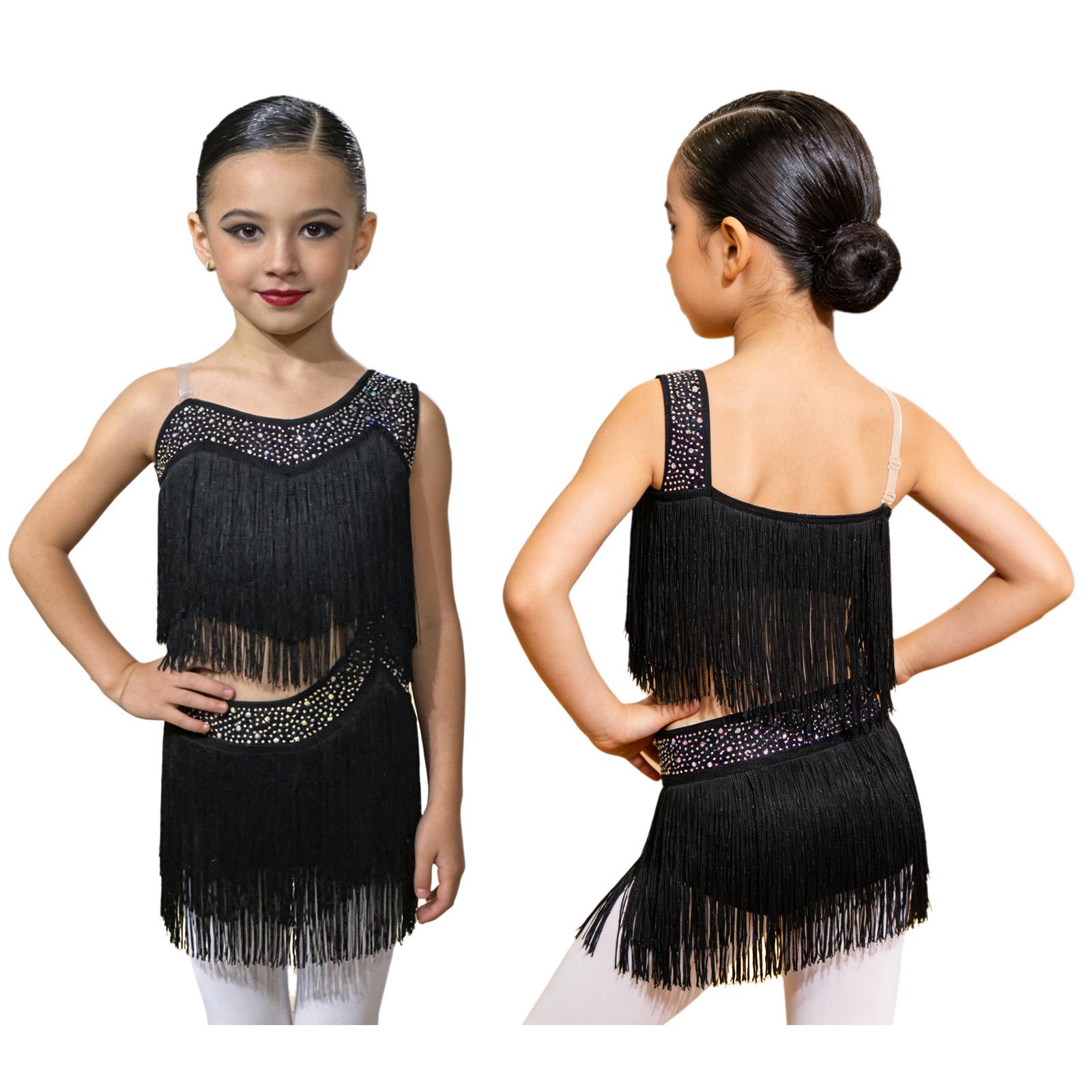 

Girls Latin Dance Dress Shiny Rhinestones Cutout Asymmetrical Fringe Tassel for Rumba Cha-Cha Competition Performance 5-6 Years чёрный