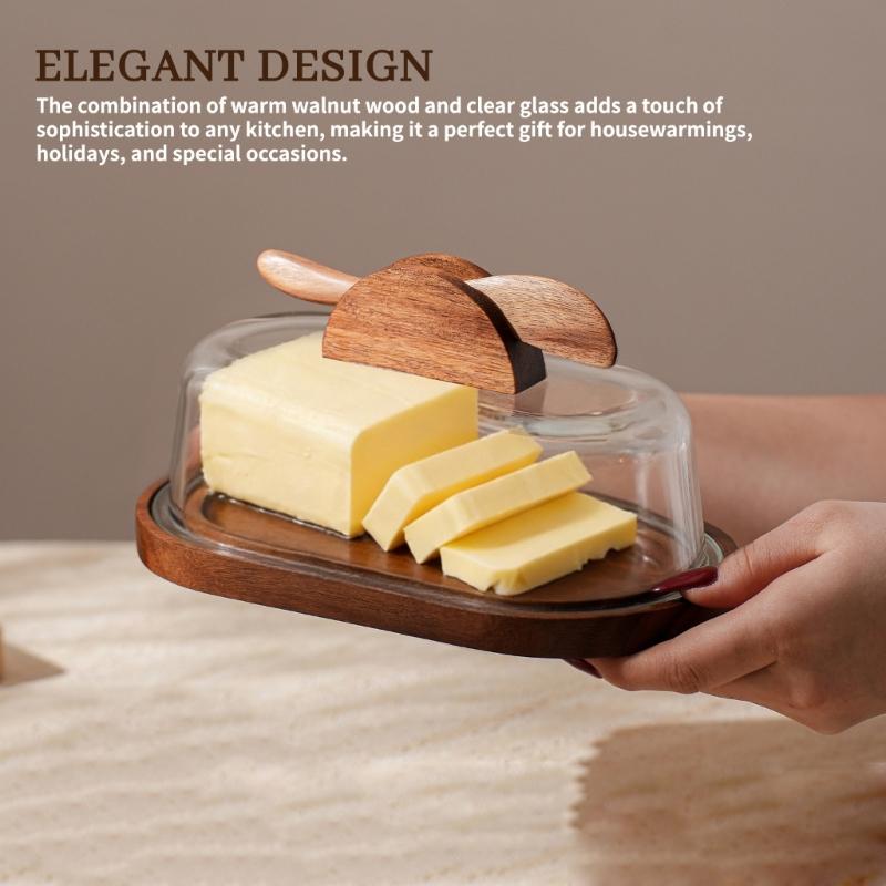 Covered Butter Serving Tray with Wood Base and Acrylic Lid for Counter Placement, Dining Service, and Simple Cheese Presentation Daily