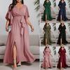 Plus Size V-Neck Wrap Hem Maxi Dress With Side Slit Tie Detail Short Sleeve Elegant Evening Women