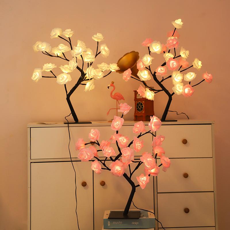 24 LED Red Rose Tree Lights USB Table Lamp Fairy Flower Night Light for Home Party Christmas Wedding Bedroom Decoration Gift