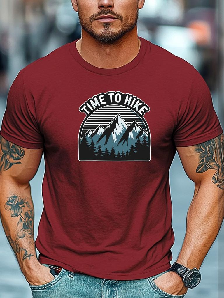 Mens Hiking TShirt Time To Hike Mountain Print Short Sleeve Round Neck Breathable Oversized Daily Wear TShirt