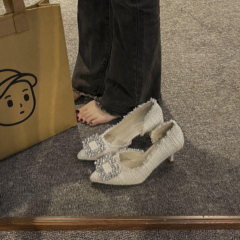 White Moonlight High Heels Thin Heels 2025 White Wedding Shoes Small Fragrant Style Pointed Square Buckle Rhinestone Temperament French Single Shoes W