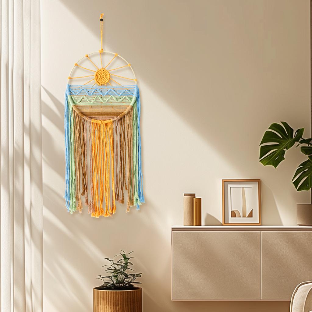 Macrame Wall Hanging Hand Woven Sun Dreamcatcher Decorative Macrame Wall Art Multipurpose Macrame Wall Decor for Apartment