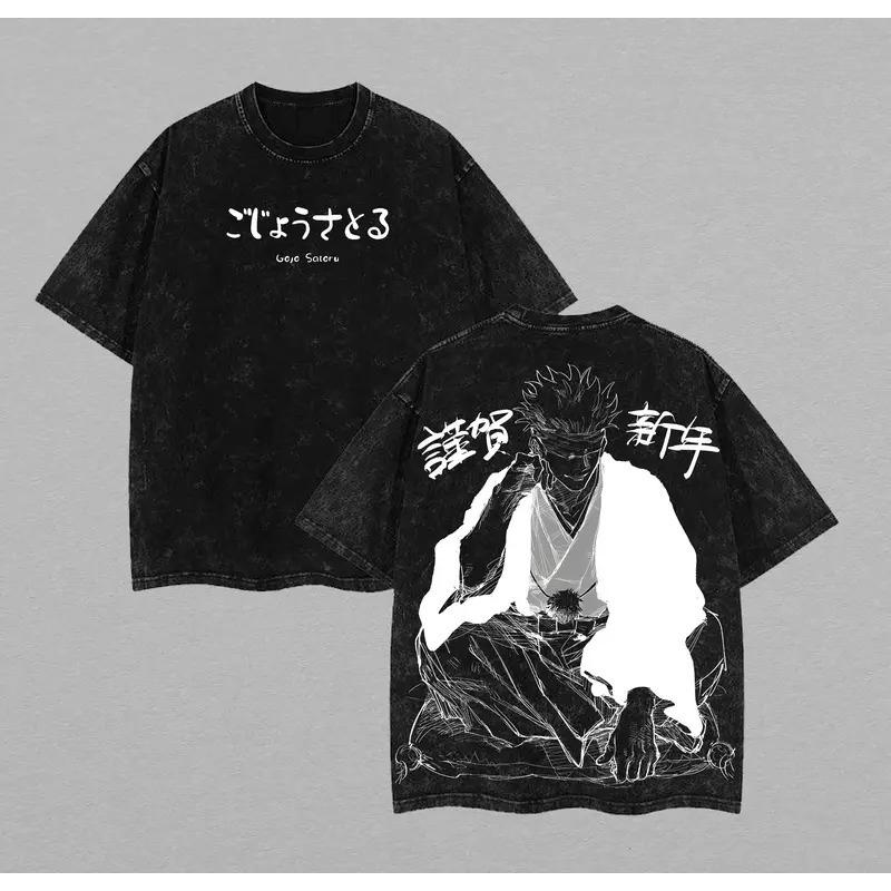 Anime Jujutsu Kaisen Gojo Satoru Printed Tee Men Women Washed Cotton T-shirts Short Sleeve Casual T Shirt Harajuku Male Tshirt