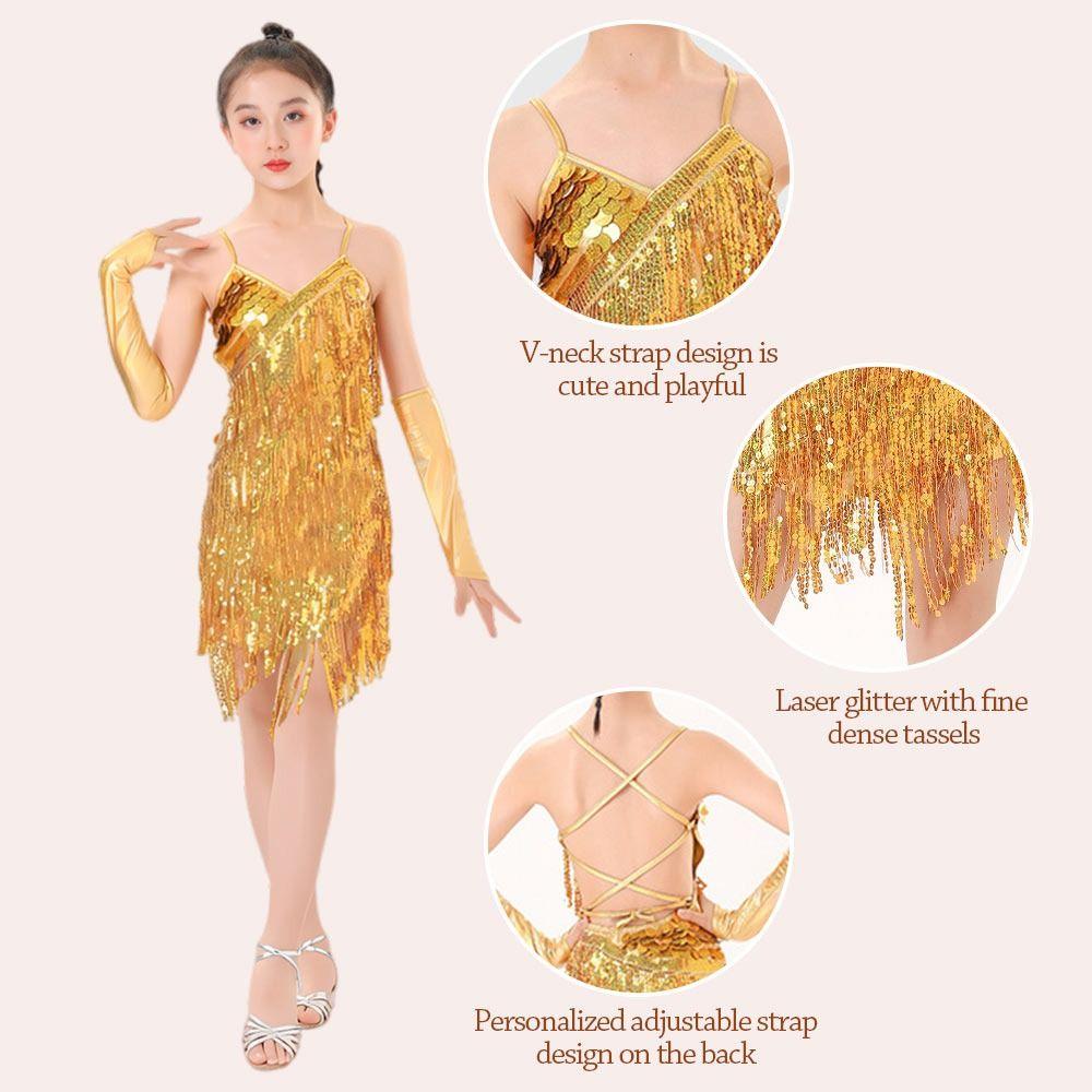 Vestido Brillante de Lentejuelas para Niñas de Danza Latina con Guantes Borla Vestido de Danza Jazz Rumba Cha Cha Vestido de Baile de Salón Niños Niñas