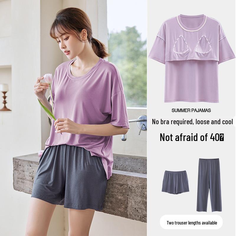 Women's Summer Three-Piece Modal Pajama Set with Bra Pads - Short Sleeve Top, Shorts, and Long Pants for Indoor/Outdoor Wear
